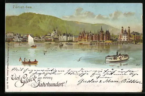 Lithographie Zürich, See mit Uto, Dampfer und Boote