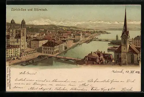 Lithographie Zürich, Zürich-See mit Stadt und Glärnisch