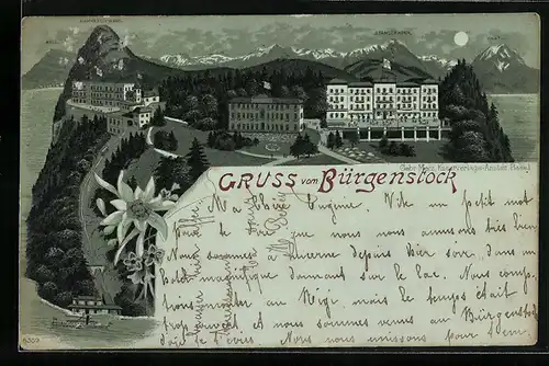 Mondschein-Lithographie Bürgenstock, Hotels und Bergbahn gegen Stanserhorn
