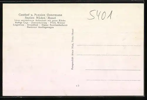 AK Müden /Mosel, Gasthof und Pension Ostermann und Weinberge