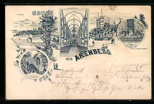 Lithographie Arenberg, Inneres der Kirche, Lourdesgrotte