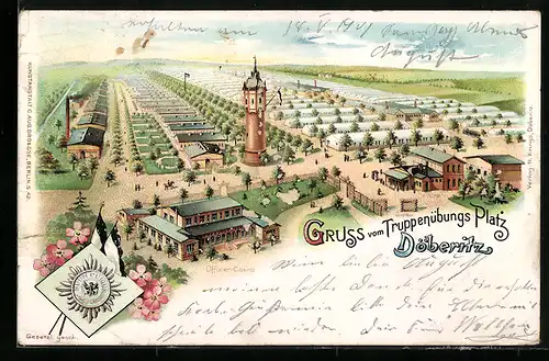 Lithographie Döberitz, Truppenübungsplatz mit Baracken aus der Vogelschau
