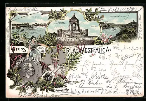 Lithographie Porta Westfalica, Umgebung von Porta Westfalica mit Denkmal Kaiser Wilhelm I und Minden