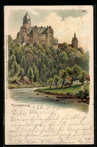 Lithographie Rochsburg, Blick zur Burg