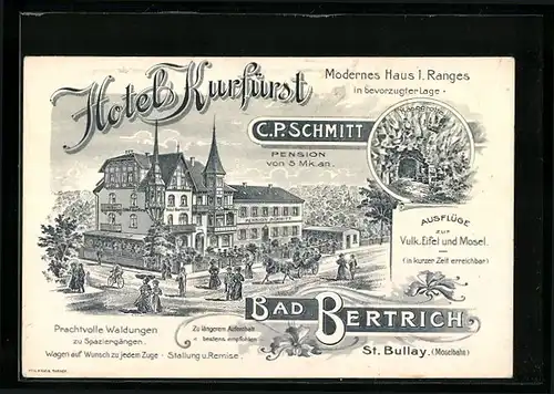 Lithographie Bad Bertrich, Hotel Kurfürst von C. P. Schmitt