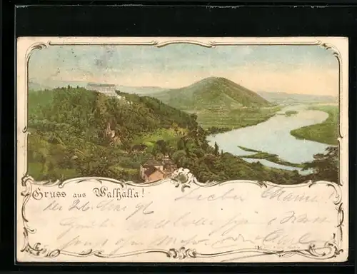 Lithographie Donaustauf, Panorama mit Walhalla