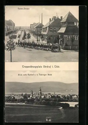 AK Ohrdruf i. Thür., Truppenübungsplatz, Marsch in der Kaiser-Strasse, Blick nach Ohrdruf u. d. Thüringer Wald