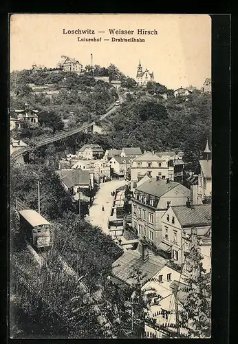 AK Dresden-Loschwitz, Teilansicht mit Luisenhof und Drahtseilbahn