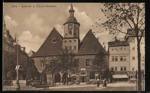 AK Jena, Rathaus u. Bismarckbrunnen
