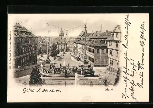 AK Gotha, Markt mit Springbrunnen