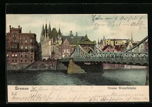 AK Bremen, Flusspartie mit grosser Weserbrücke