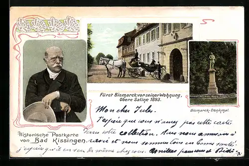 AK Bad Kissingen, Fürst Bismarck vor seiner Wohnung, Obere Saline 1893, Bismarck-Denkmal, Portrait