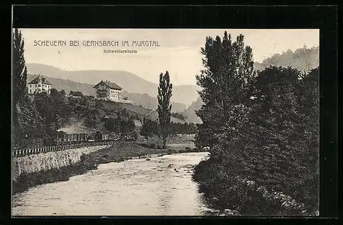 AK Scheuern bei Gernsbach, Flusspartie mit Schwesternheim