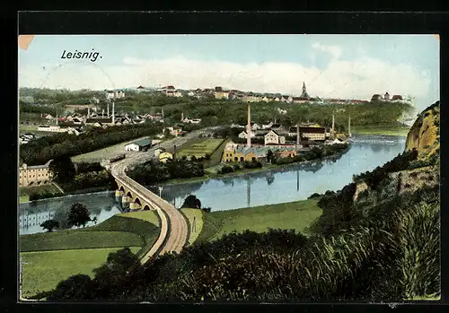 AK Leisnig, Totalansicht mit Fluss und Brücke