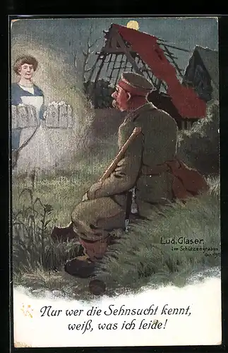 AK Soldat erblickt eine Fata-Morgana in kühler mondklarer Nacht, Serviererin mit Bier