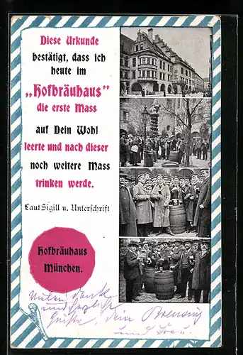 AK Münchner Hofbräuhaus, Urkunde über erste Mass und noch Weitere