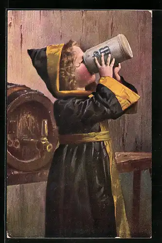 Künstler-AK Münchner Kindl trinkt eine Mass Bier