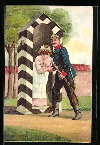 AK Soldatenliebe, Wachsoldat mit Pickelhaube hat Dienstmädchen in seinem Unterstand, Auf Posten