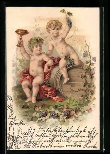AK 2 kleine Bacchanten trinken fröhlich Wein