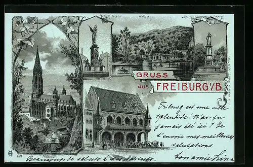 Mondschein-Lithographie Freiburg i. Br., Münster, Siegesdenkmal, Kaufhaus, Berthold-Schwarz-Denkmal, Waldsee