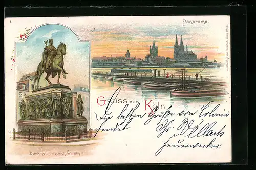 Lithographie Köln, Panorama mit Dom, Denkmal Friedrich Wilhelm III.