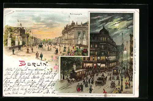 Lithographie Berlin, Schlossbrücke und Ruhmeshalle, Unter den Linden Ecke Friedrichstrasse