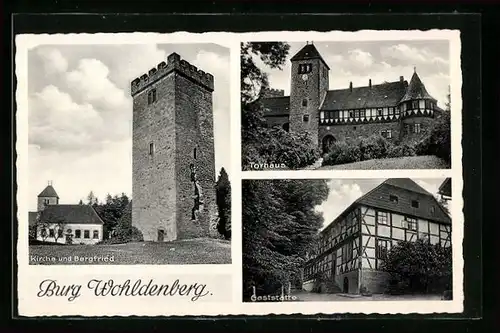AK Holle, Burg Wohldenberg, Kirche und Bergfried, Torhaus, Gaststätte Burgruine Wohldenberg