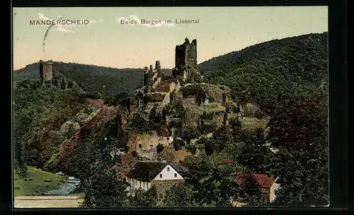 AK Manderscheid, Ortsansicht mit beiden Burgen im Liesertal