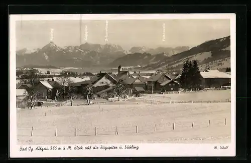 AK Bad Oy / Allgäu, Ortsansicht mit Kirche, Blick auf Zugspitze und Säuling