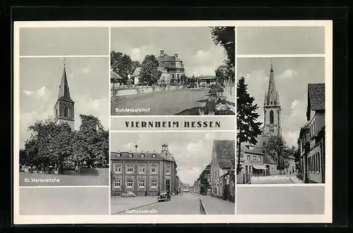 AK Viernheim / Hessen, Bundesbahnhof, St. Marienkirche, Rathausstrasse und St. Apostelkirche