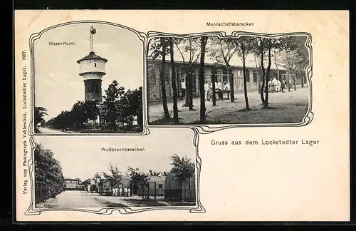AK Hamburg-Lokstedt, Lockstedter Lager, Mannschaftsbaracken, Wasserturm und Wellblechbaracken