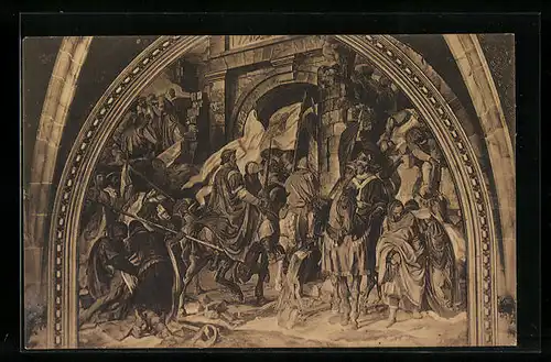 AK Aachen, Rathaus, Gemälde von Rethel im Krönungssaal, Einzug Karls d. Grossen in Pavia