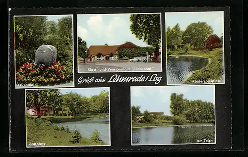 AK Lehmrade / Lbg., Gast- und Pensionshaus Lindenhof, Ehrenmal, Kinderspielplatz, Golfplatz und Teichpartie