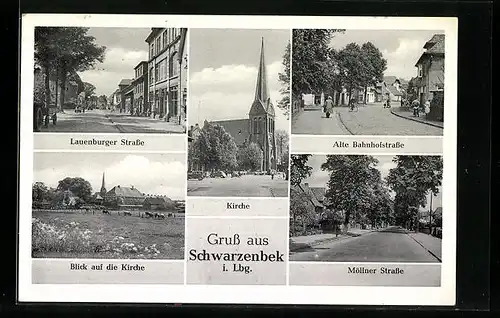 AK Schwarzenbek i. Lbg., Lauenburger Strasse, Kirche, Alte Bahnhofstrasse und Möllner Strasse