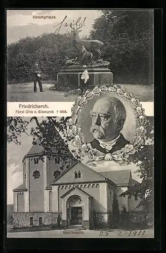 AK Friedrichsruh, Hirschgruppe und Gruftkapelle, Fürst Otto v. Bismarck im Porträt