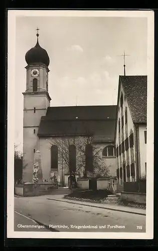 AK Oberammergau, Pfarrkirche, Kriegerdenkmal und Forsthaus