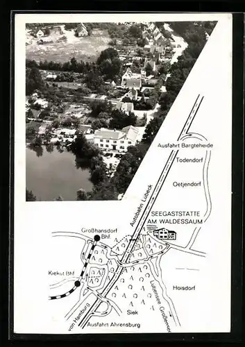 AK Hoisdorf, Ortsansicht vom Flugzeug aus gesehen, Reklame für Seegaststätte Am Waldessaum, Strassenkarte