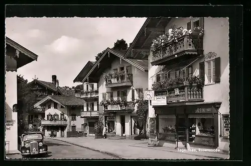 AK Tegernsee, Rosenstrasse mit Handlung Jakob Ahrl und Karl Kettl