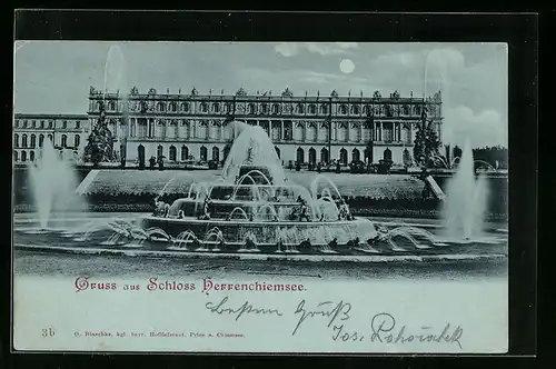 Mondschein-AK Herrenchiemsee, Schloss, Aussenansicht mit Springbrunnen