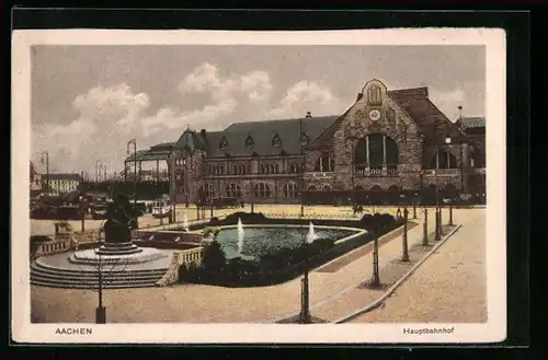 AK Aachen, Hauptbahnhof, Strassenbahn und Brunnen auf dem Vorplatz