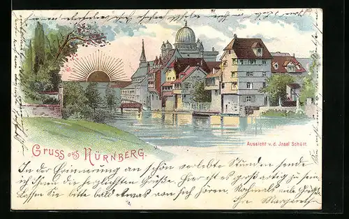 Sonnenschein-AK Nürnberg, Ansicht der Synagoge v. d. Insel Schütt