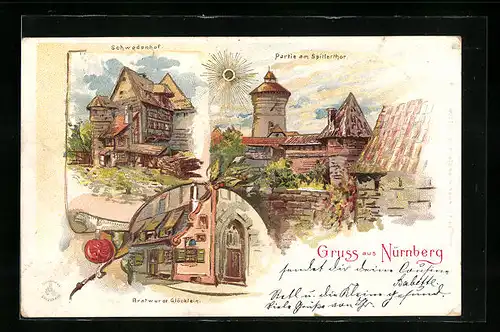 Sonnenschein-Lithographie Nürnberg, Bratwurst Glöcklein, Schwedenhof, Partie am Spitlertor