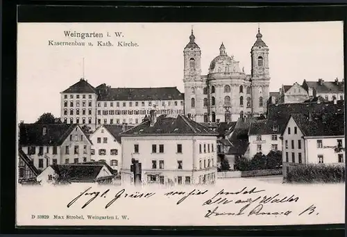 AK Weingarten i. W., Kasernenbau und kath. Kirche, Ortspartie