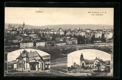 AK Bad Homburg v. d. H., Ortsansicht mit Saalburg, Bahnhof