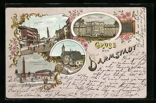 Lithographie Darmstadt, Rheinstrasse, Martinskirche, Louisenplatz