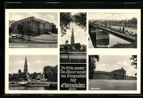 AK Holzminden, Baugewerkschule, Weserbrücke, Bahnhof