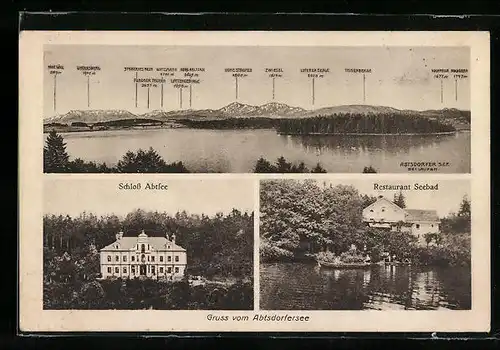 AK Laufen / Obb., Restaurant Seebad am Abtsee, Schloss, Abtsdorfer See mit Gebirgskette