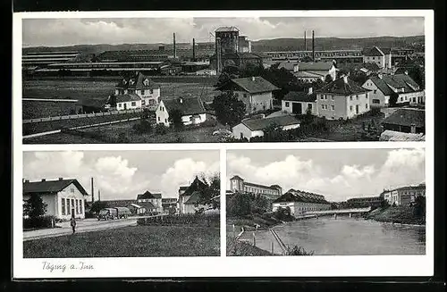 AK Töging a. Inn, Gesamtansicht, Flusspartie und Strassenblick