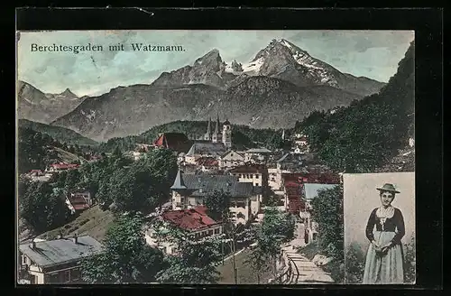 AK Berchtesgaden, Panorama mit Watzmann, Frau in Tracht