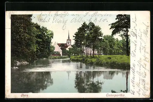 AK Gera, Elsterpartie mit Durchblick auf die Kirche